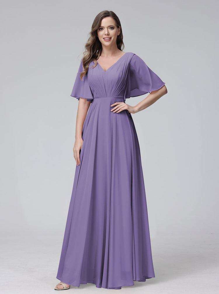 A-Line V-Neck Half Sleeves Long Chiffon Bridesmaid Dresses With Ruffle ...