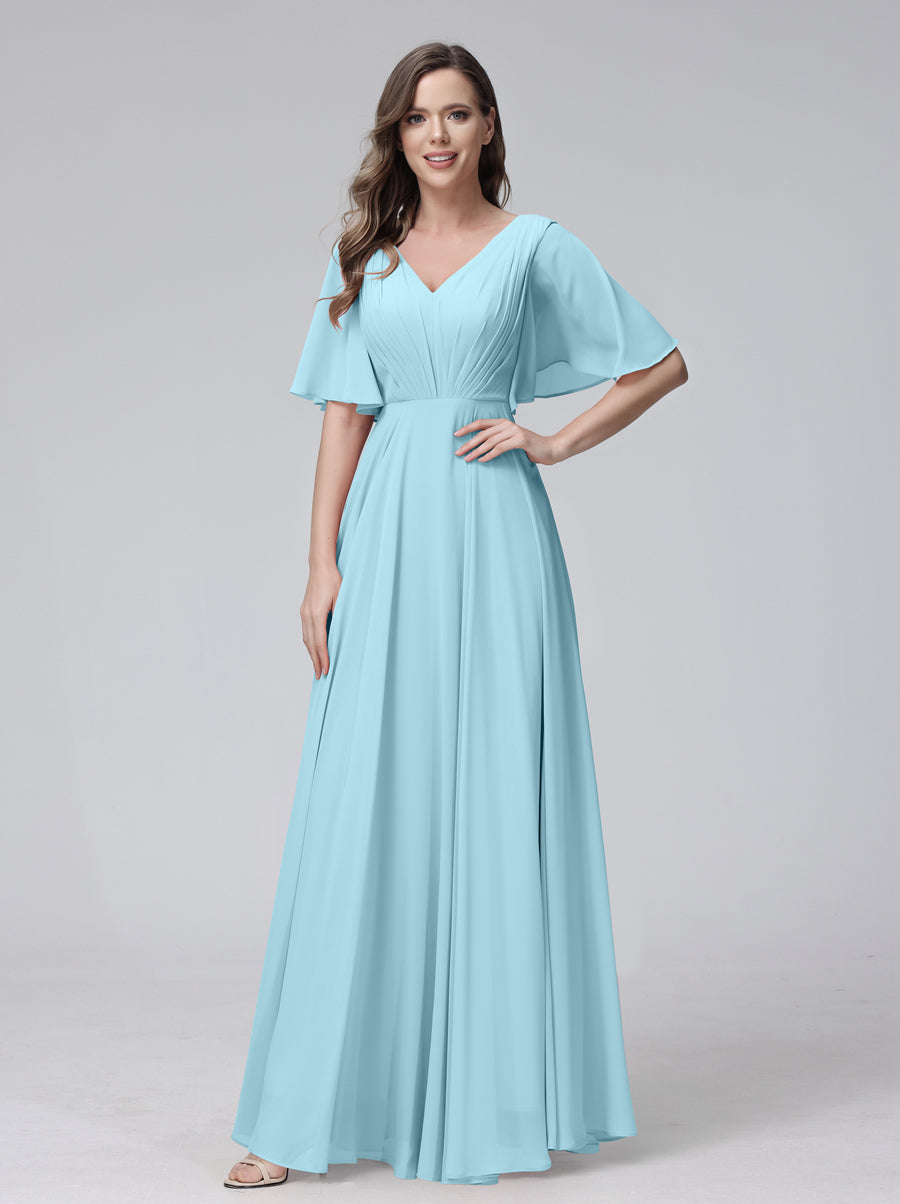 A-Line V-Neck Half Sleeves Long Chiffon Bridesmaid Dresses With Ruffles Pockets