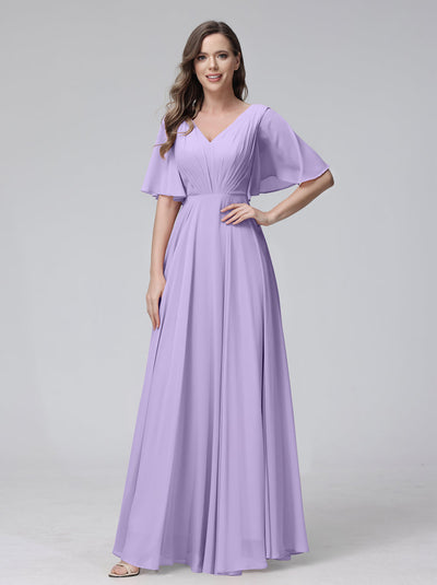 A-Line V-Neck Half Sleeves Long Chiffon Bridesmaid Dresses With Ruffles Pockets