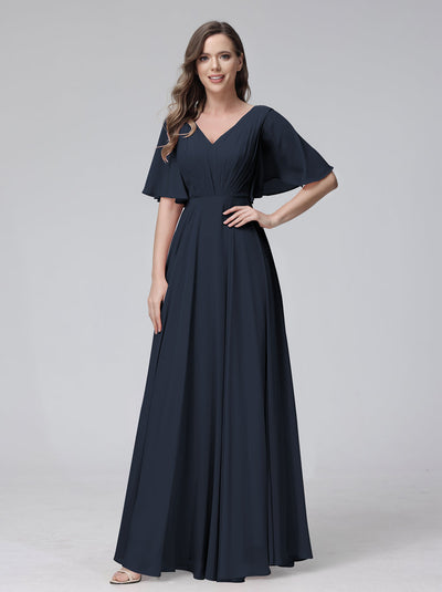 A-Line V-Neck Half Sleeves Long Chiffon Bridesmaid Dresses With Ruffles Pockets