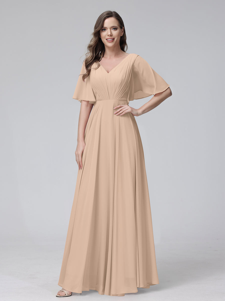 Lavetir Bridesmaid Dresses Light Pink A-Line V-Neck Half Sleeves Long Chiffon With Ruffles Pockets 2026