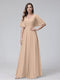 A-Line V-Neck Half Sleeves Long Chiffon Bridesmaid Dresses With Ruffles Pockets