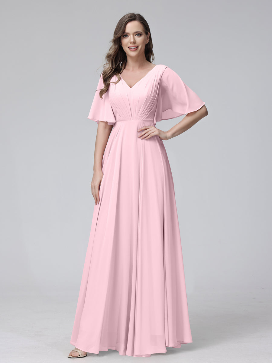 A-Line V-Neck Half Sleeves Long Chiffon Bridesmaid Dresses With Ruffles Pockets