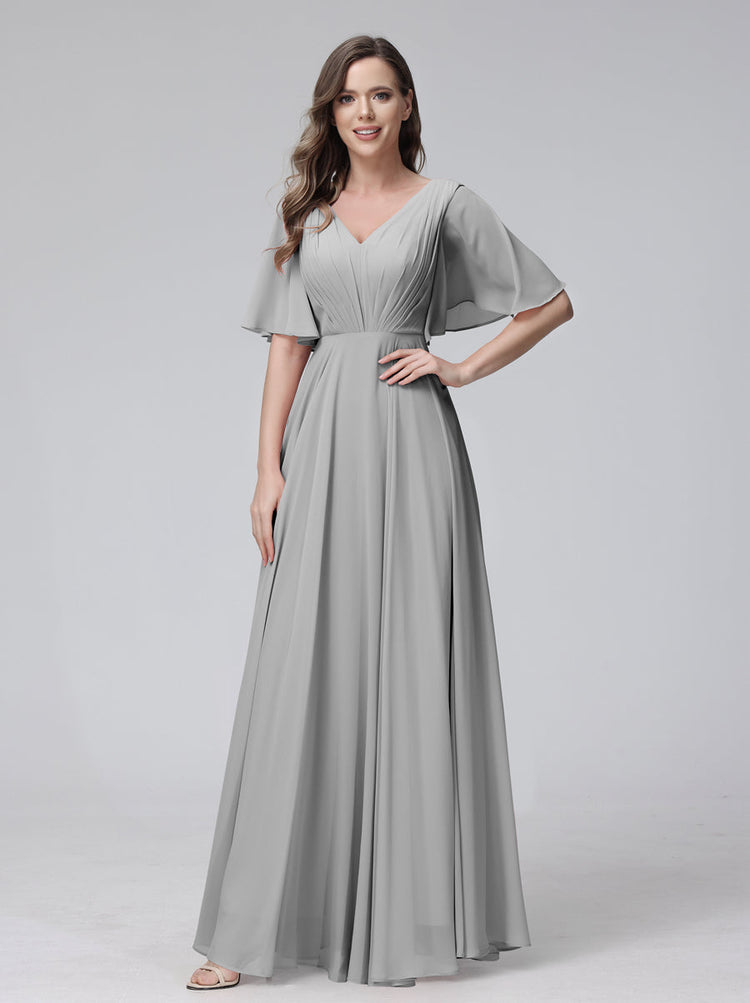 A-Line V-Neck Half Sleeves Long Chiffon Bridesmaid Dresses With Ruffle ...