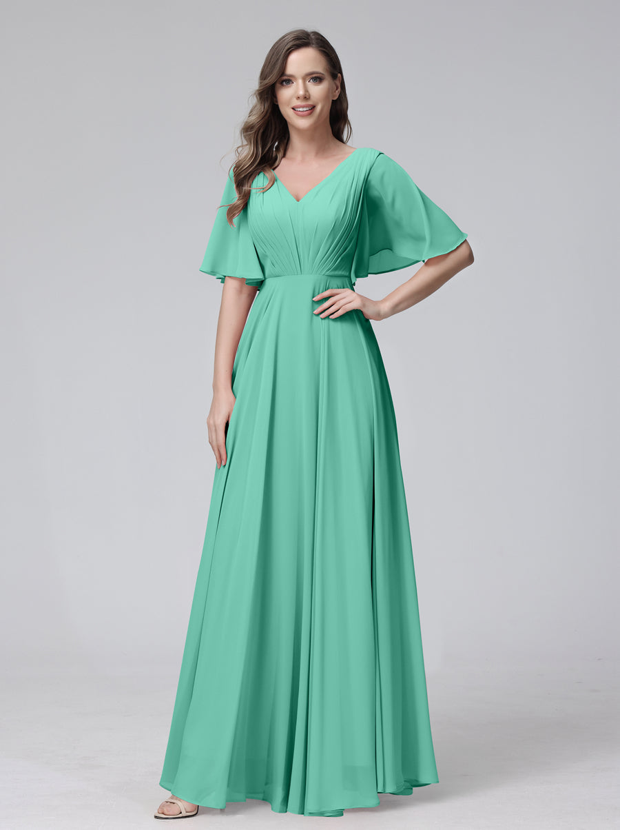 A-Line V-Neck Half Sleeves Long Chiffon Bridesmaid Dresses With Ruffles Pockets