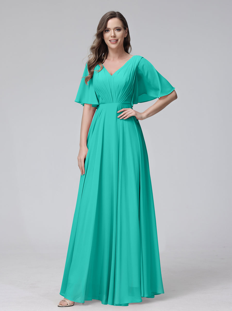 A-Line V-Neck Half Sleeves Long Chiffon Bridesmaid Dresses With Ruffles Pockets