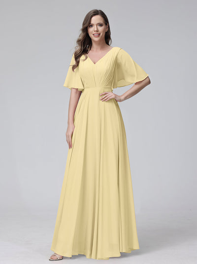 A-Line V-Neck Half Sleeves Long Chiffon Bridesmaid Dresses With Ruffles Pockets