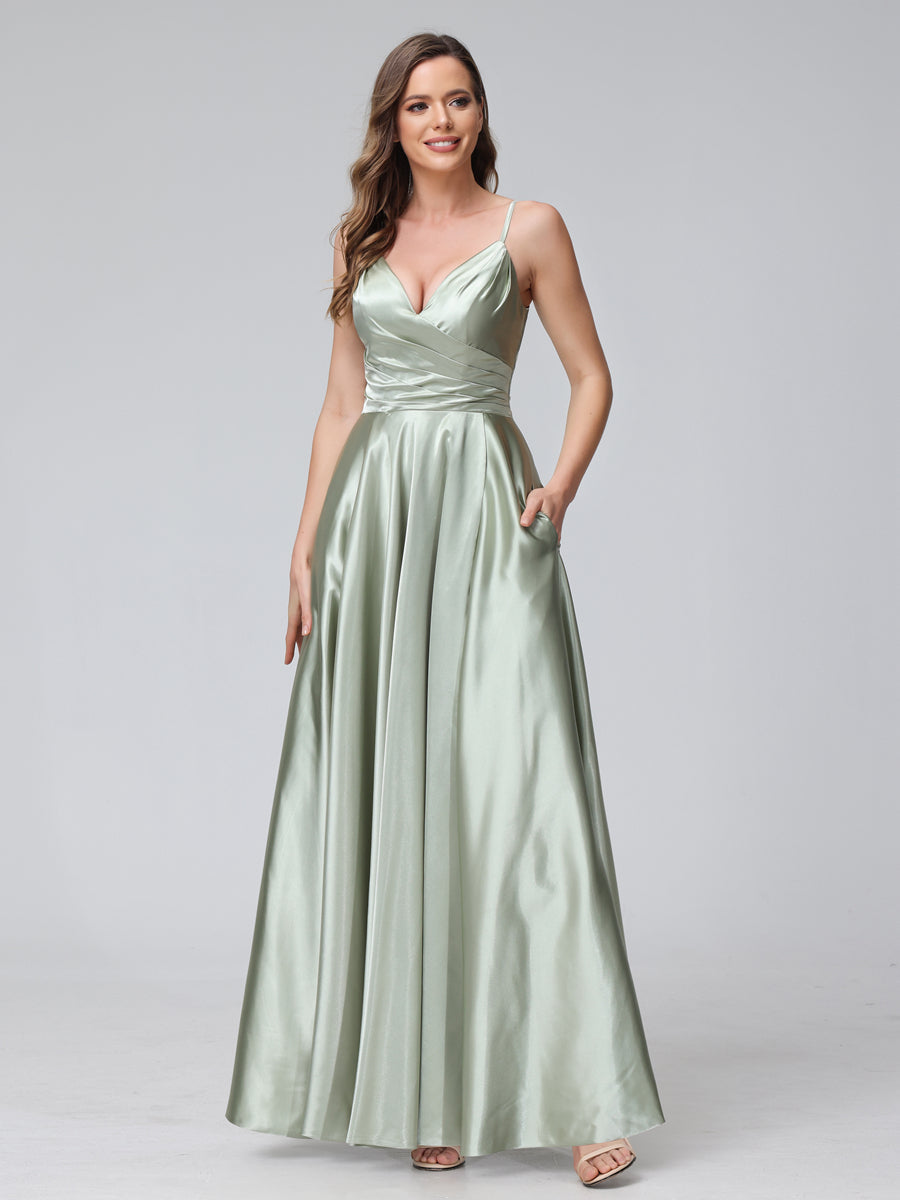 A-Line Sleeveless Long Silk Satin Bridesmaid Dresses with Pockets & Sp – Lavetir