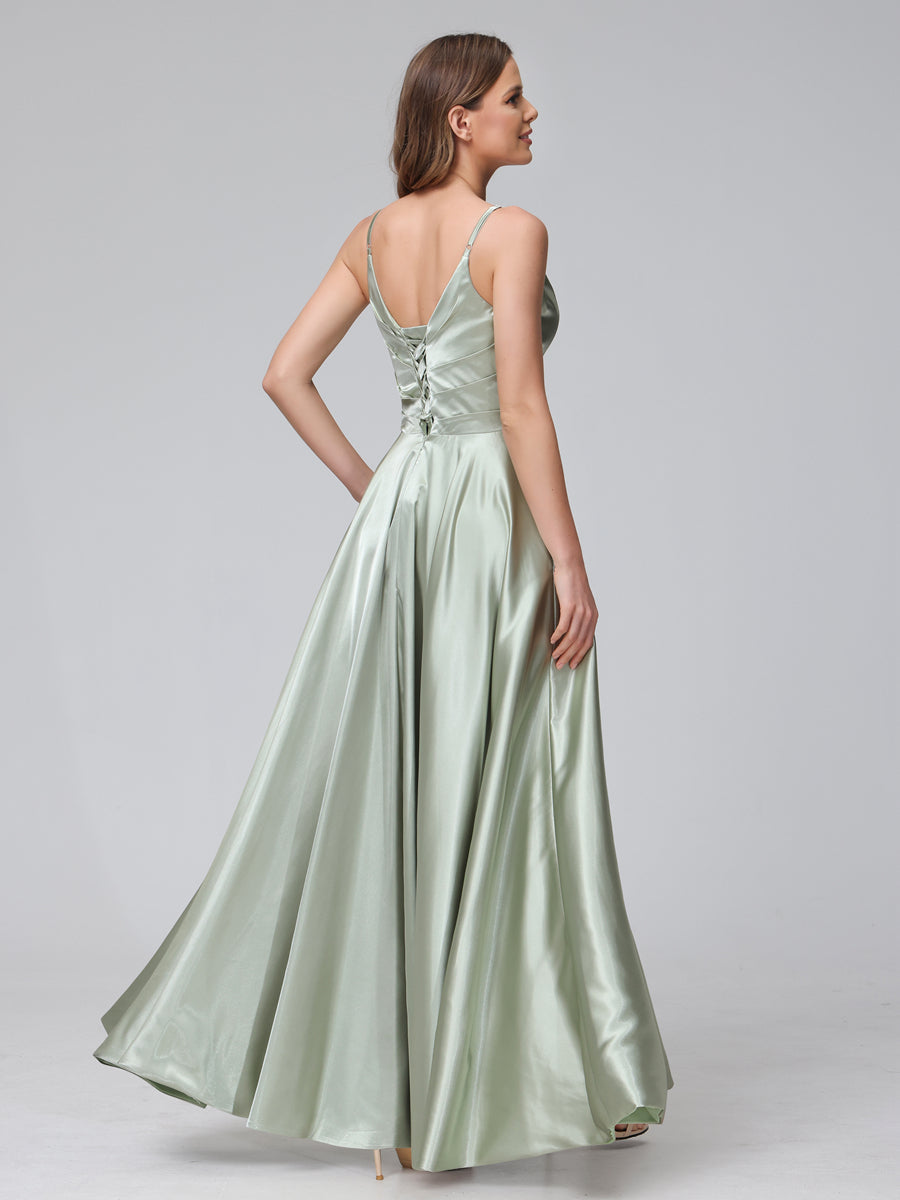A-Line Sleeveless Long Silk Satin Bridesmaid Dresses with Pockets &amp; Split Side