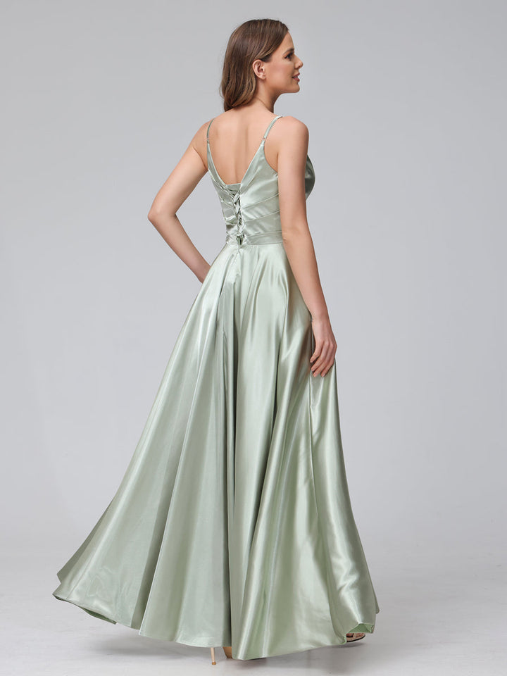 A-Line Sleeveless Long Silk Satin Bridesmaid Dresses with Pockets &amp; Split Side