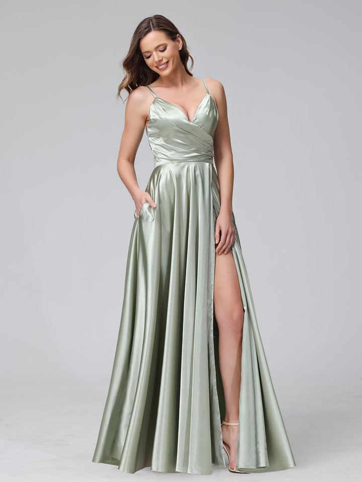 A-Line Sleeveless Long Silk Satin Bridesmaid Dresses with Pockets &amp; Split Side