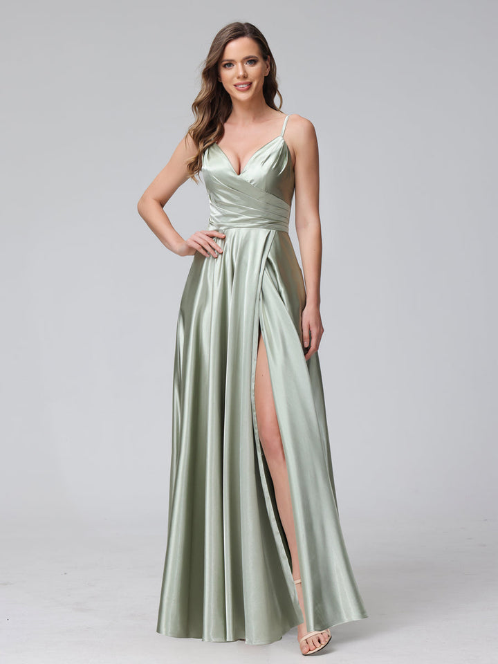 A-Line Sleeveless Long Silk Satin Bridesmaid Dresses with Pockets &amp; Split Side