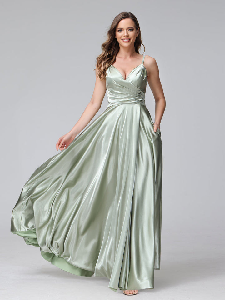 A-Line Sleeveless Long Silk Satin Bridesmaid Dresses with Pockets &amp; Split Side