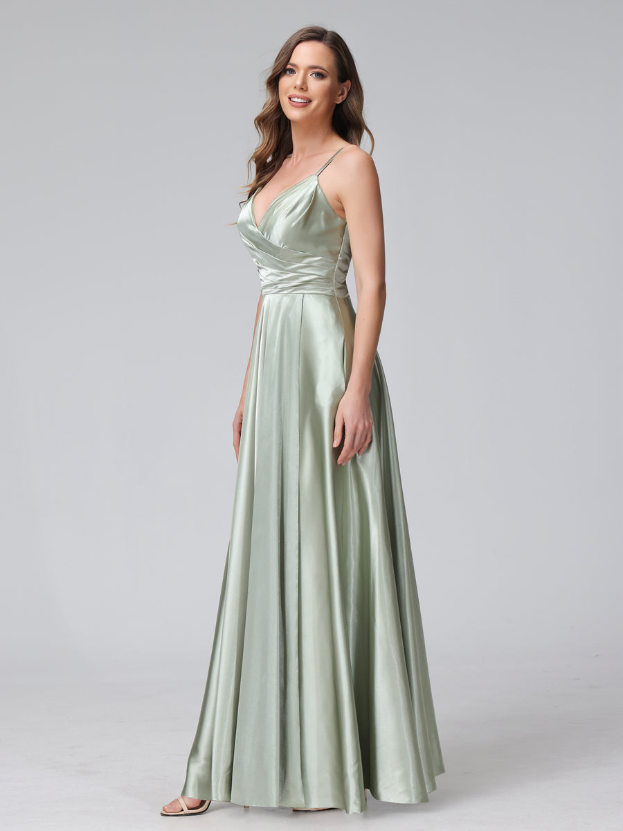 A-Line Sleeveless Long Silk Satin Bridesmaid Dresses with Pockets &amp; Split Side