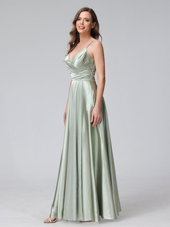 A-Line Sleeveless Long Silk Satin Bridesmaid Dresses with Pockets &amp; Split Side