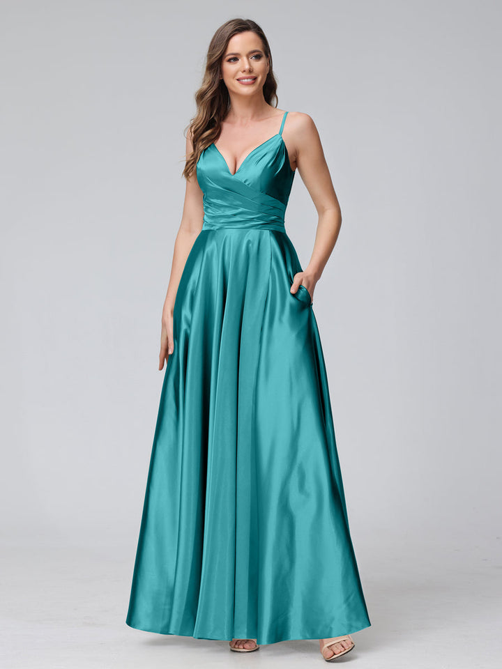 A-Line Sleeveless Long Silk Satin Bridesmaid Dresses with Pockets &amp; Split Side