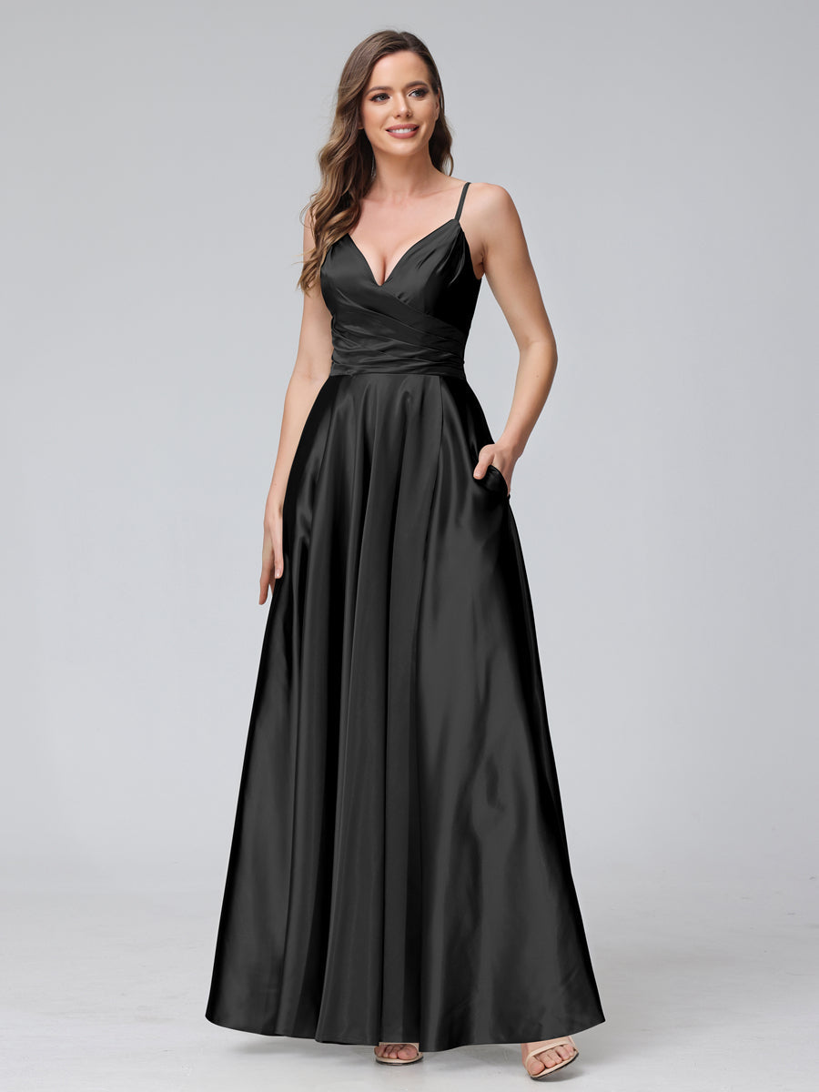 A-Line Sleeveless Long Silk Satin Bridesmaid Dresses with Pockets &amp; Split Side