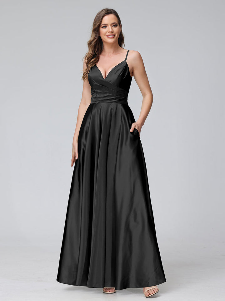 A-Line Sleeveless Long Silk Satin Bridesmaid Dresses with Pockets &amp; Split Side