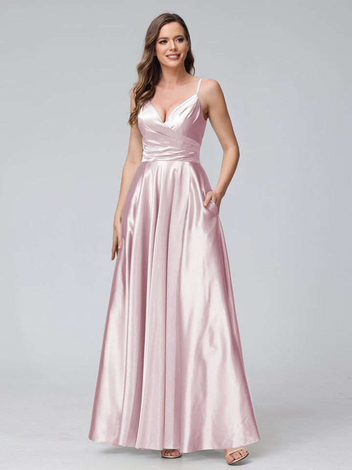 A-Line Sleeveless Long Silk Satin Bridesmaid Dresses with Pockets &amp; Split Side