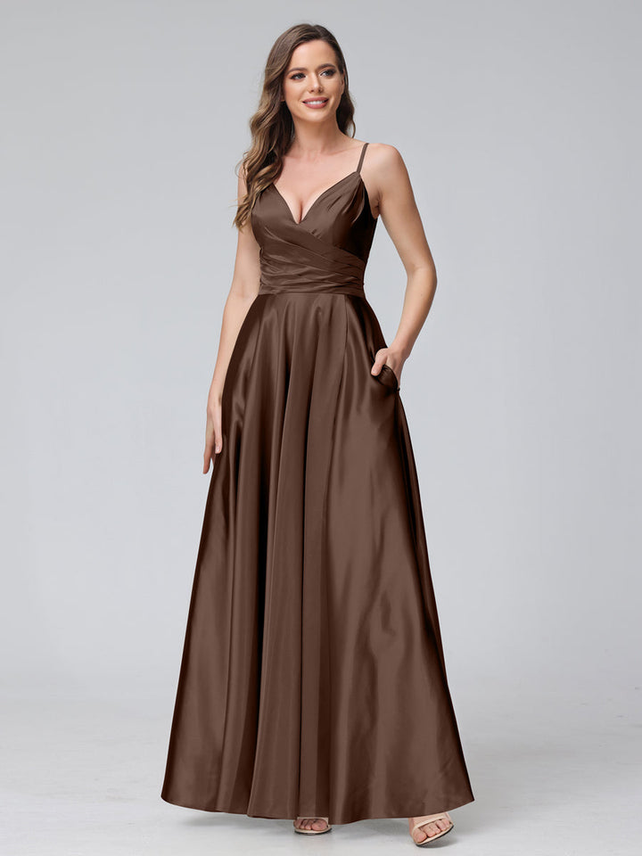 A-Line Sleeveless Long Silk Satin Bridesmaid Dresses with Pockets &amp; Split Side