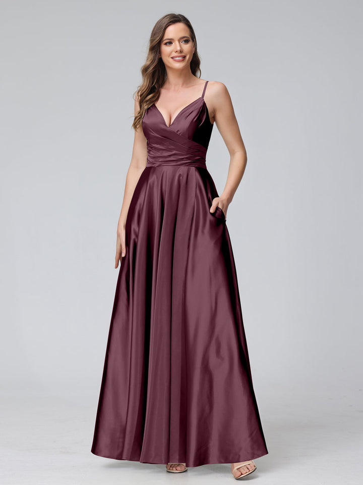 A-Line Sleeveless Long Silk Satin Bridesmaid Dresses with Pockets &amp; Split Side