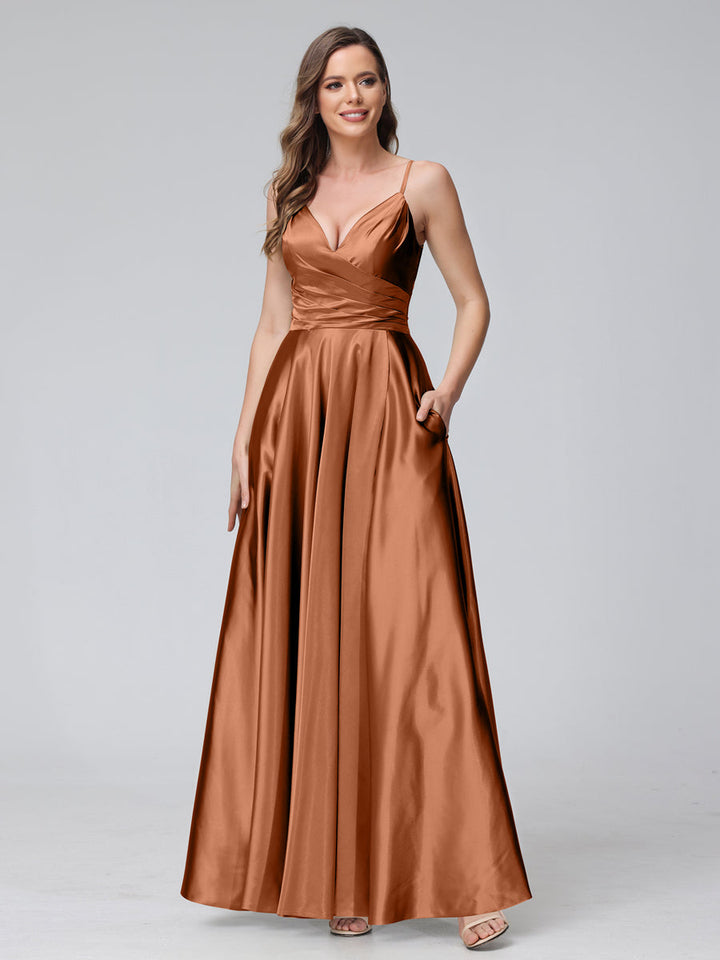 A-Line Sleeveless Long Silk Satin Bridesmaid Dresses with Pockets &amp; Split Side