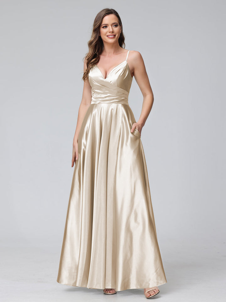 A-Line Sleeveless Long Silk Satin Bridesmaid Dresses with Pockets &amp; Split Side