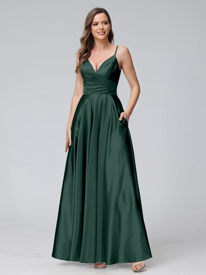 A-Line Sleeveless Long Silk Satin Bridesmaid Dresses with Pockets &amp; Split Side