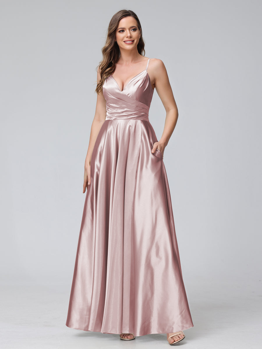 A-Line Sleeveless Long Silk Satin Bridesmaid Dresses with Pockets &amp; Split Side