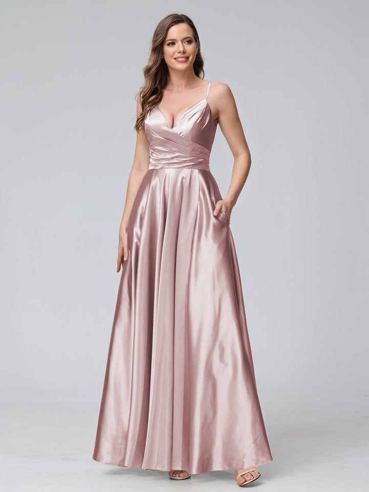 A-Line Sleeveless Long Silk Satin Bridesmaid Dresses with Pockets &amp; Split Side