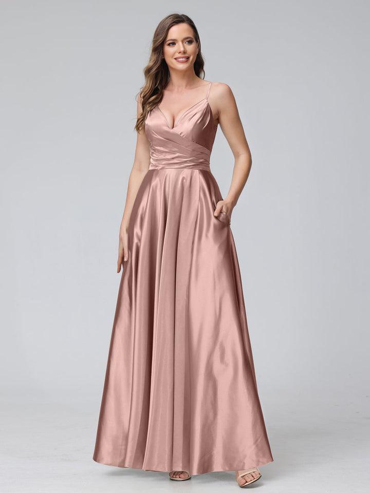 A-Line Sleeveless Long Silk Satin Bridesmaid Dresses with Pockets &amp; Split Side
