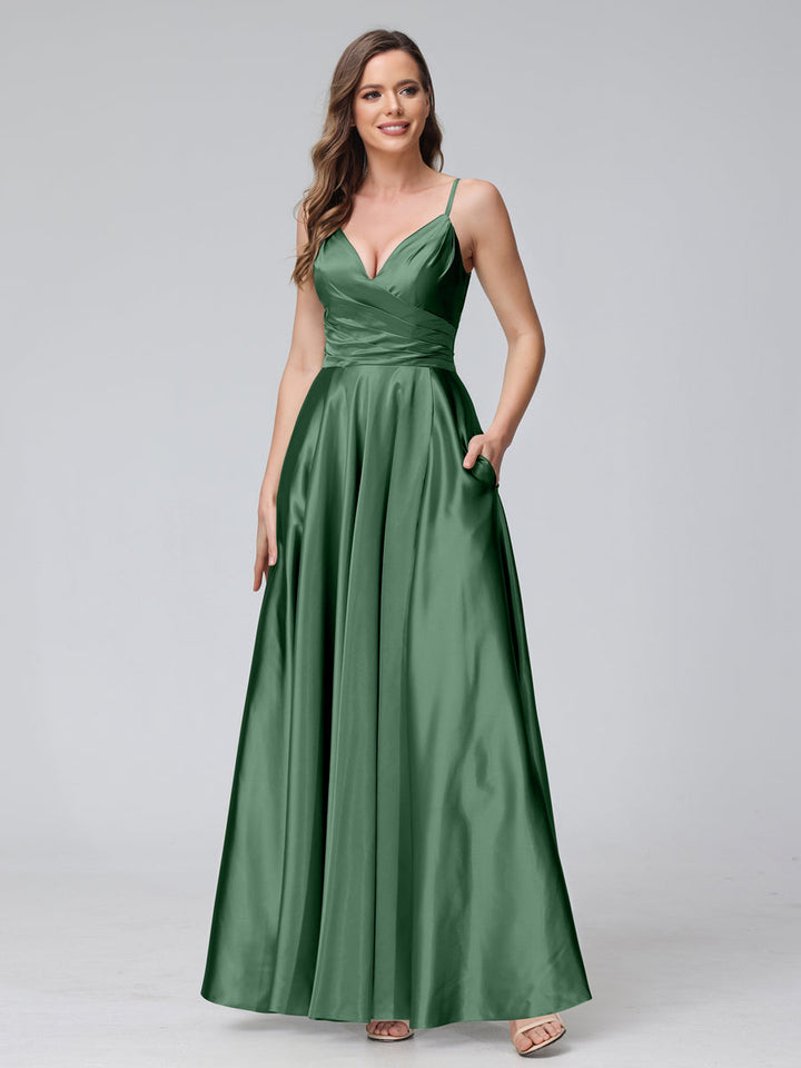 A-Line Sleeveless Long Silk Satin Bridesmaid Dresses with Pockets &amp; Split Side