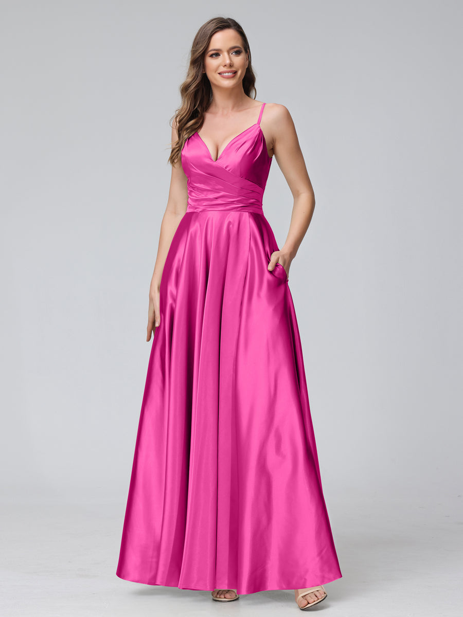 A-Line Sleeveless Long Silk Satin Bridesmaid Dresses with Pockets &amp; Split Side