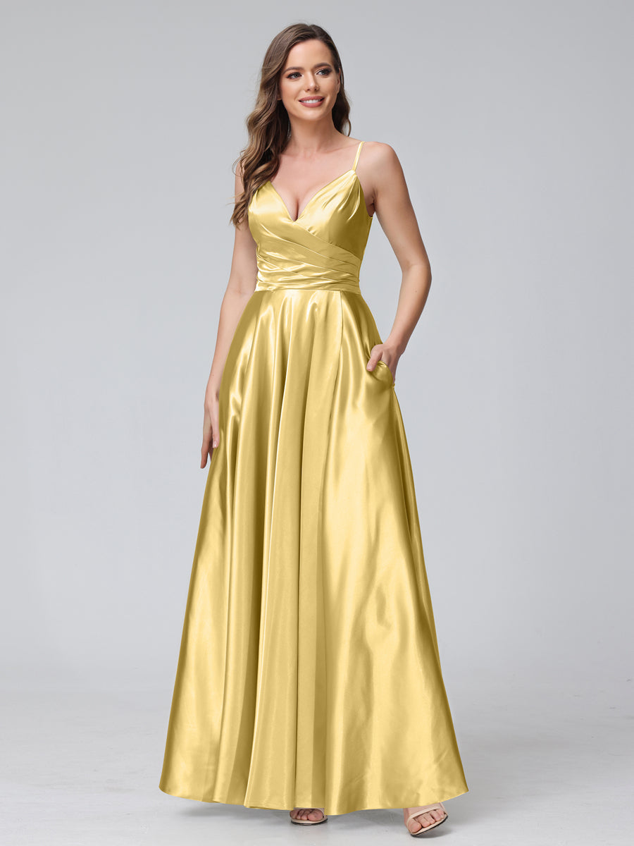 A-Line Sleeveless Long Silk Satin Bridesmaid Dresses with Pockets &amp; Split Side