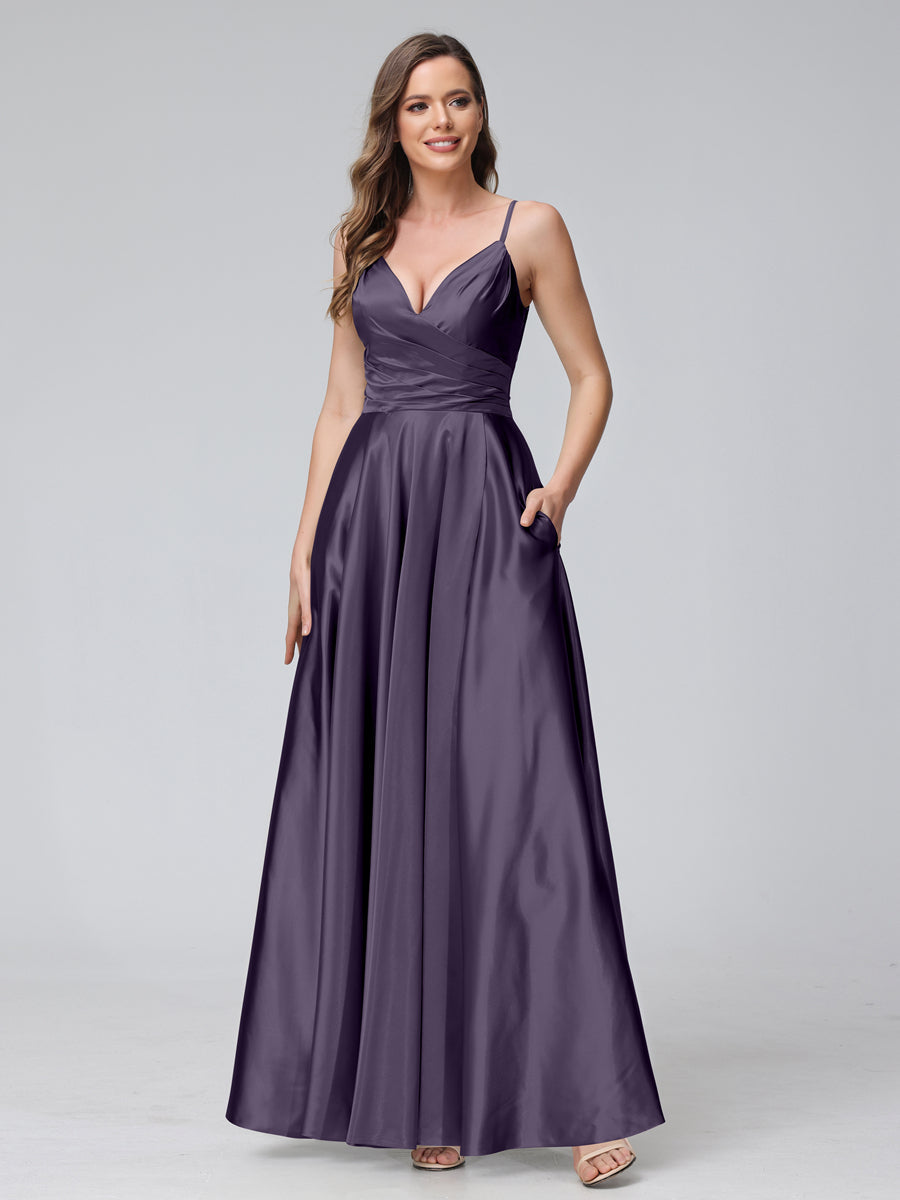 A-Line Sleeveless Long Silk Satin Bridesmaid Dresses with Pockets &amp; Split Side