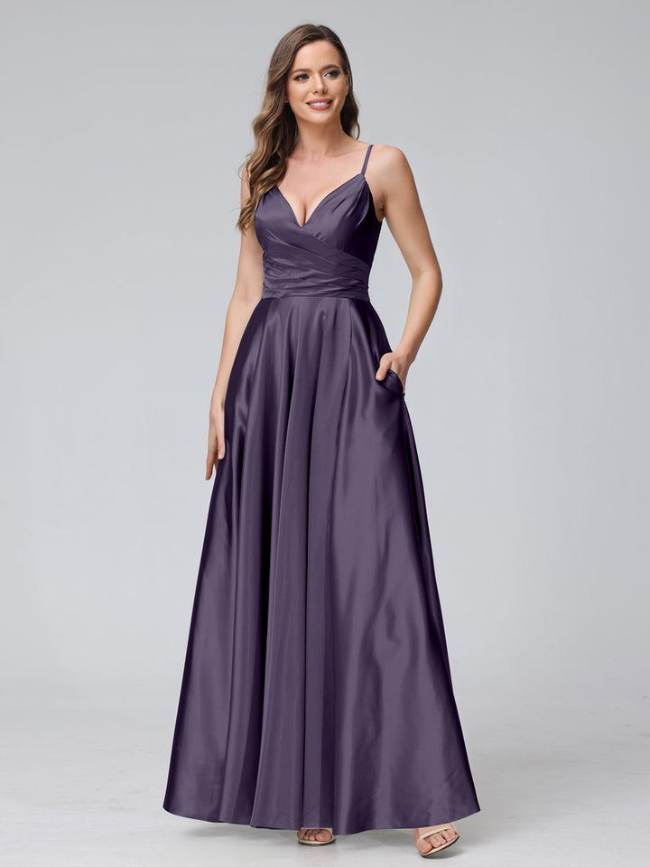 A-Line Sleeveless Long Silk Satin Bridesmaid Dresses with Pockets &amp; Split Side