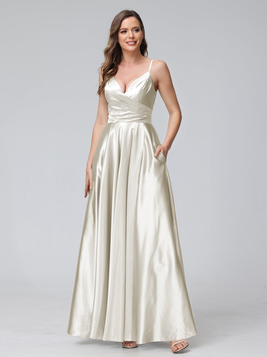 A-Line Sleeveless Long Silk Satin Bridesmaid Dresses with Pockets &amp; Split Side