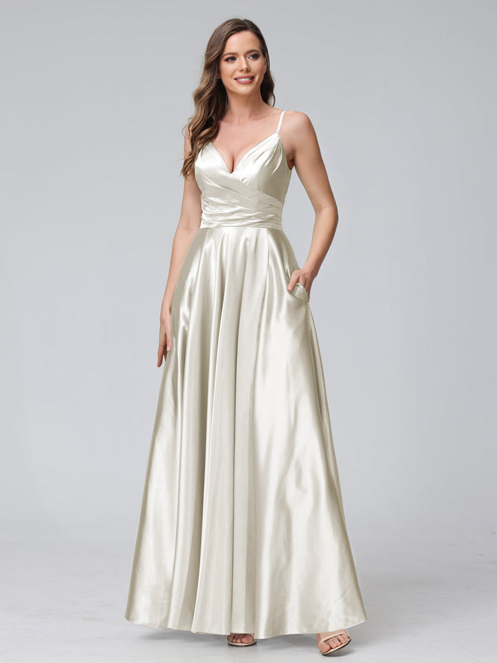 A-Line Sleeveless Long Silk Satin Bridesmaid Dresses with Pockets &amp; Split Side