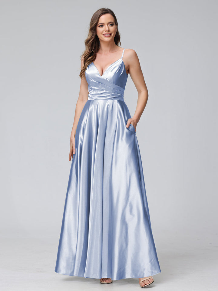A-Line Sleeveless Long Silk Satin Bridesmaid Dresses with Pockets &amp; Split Side