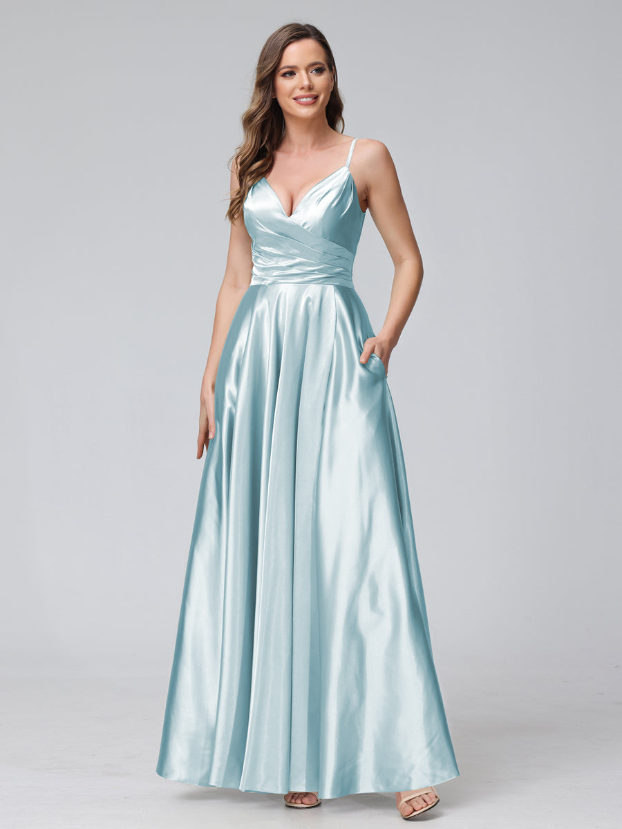 A-Line Sleeveless Long Silk Satin Bridesmaid Dresses with Pockets &amp; Split Side