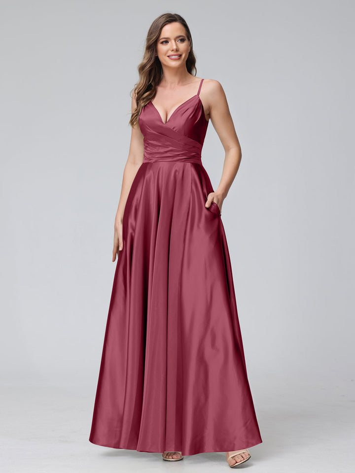A-Line Sleeveless Long Silk Satin Bridesmaid Dresses with Pockets &amp; Split Side