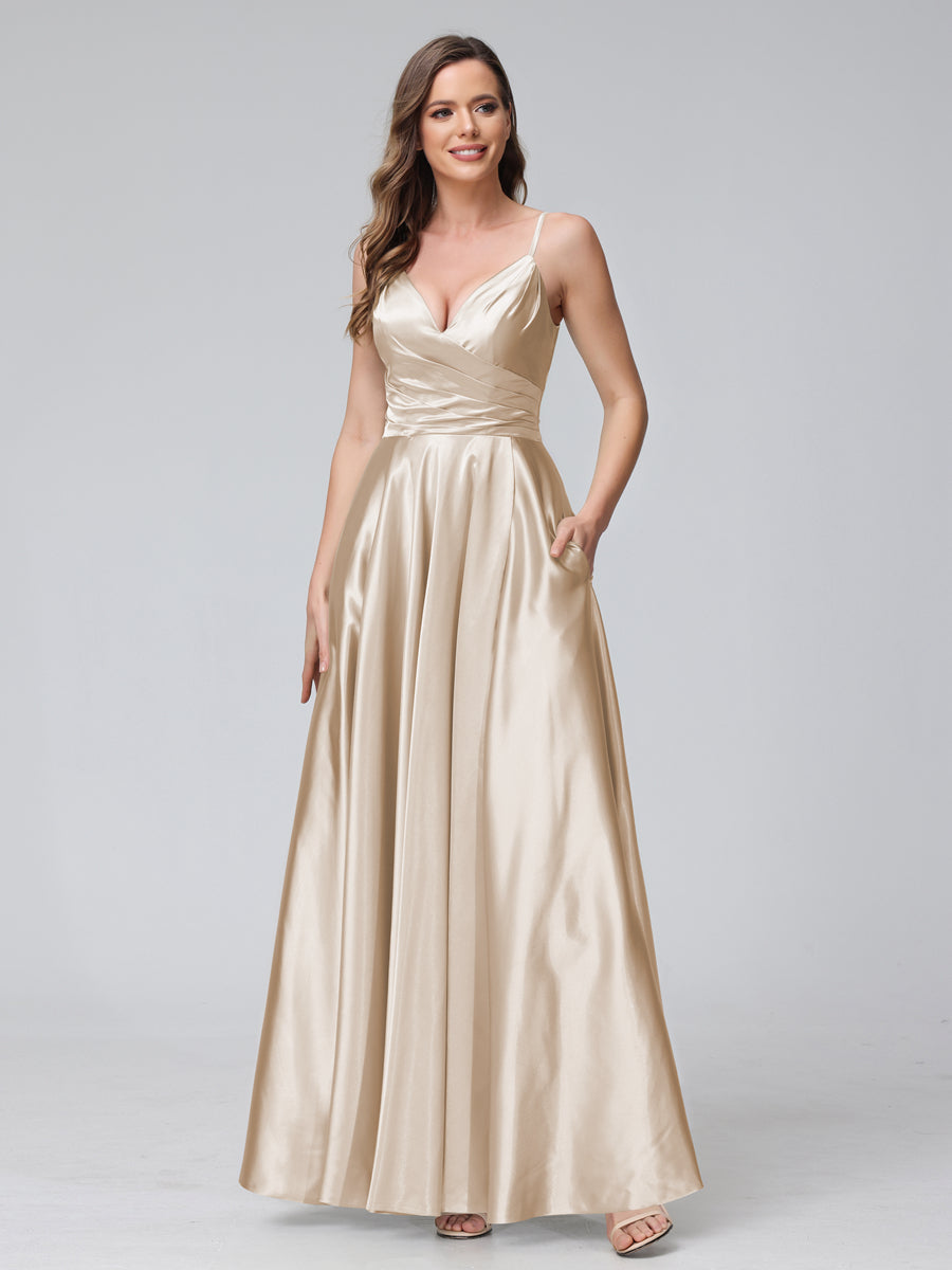 A-Line Sleeveless Long Silk Satin Bridesmaid Dresses with Pockets &amp; Split Side