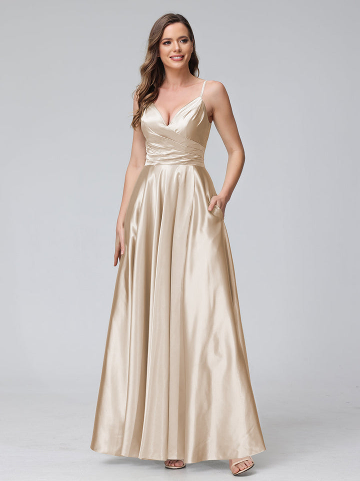 A-Line Sleeveless Long Silk Satin Bridesmaid Dresses with Pockets &amp; Split Side
