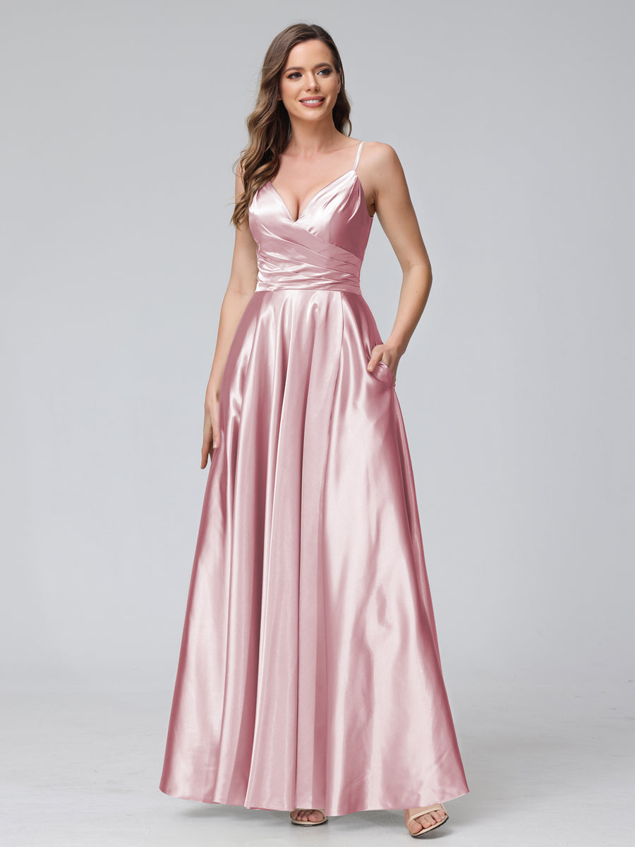 A-Line Sleeveless Long Silk Satin Bridesmaid Dresses with Pockets &amp; Split Side