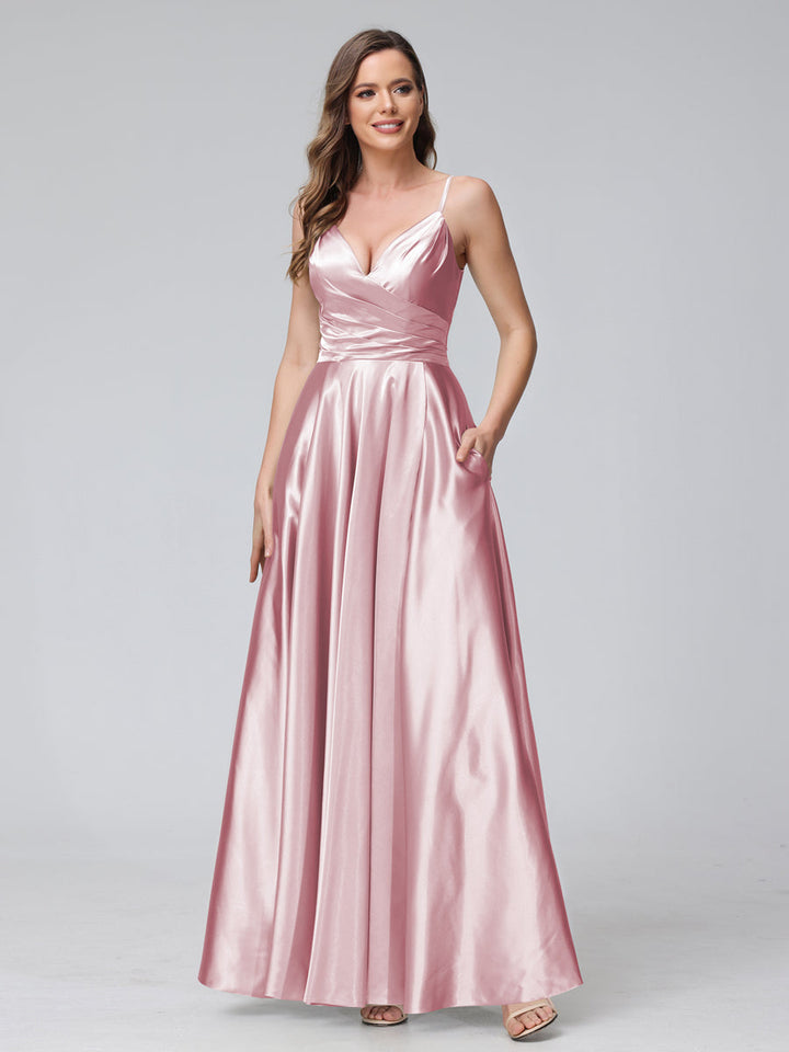 A-Line Sleeveless Long Silk Satin Bridesmaid Dresses with Pockets &amp; Split Side