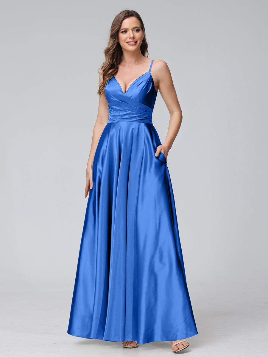 A-Line Sleeveless Long Silk Satin Bridesmaid Dresses with Pockets &amp; Split Side