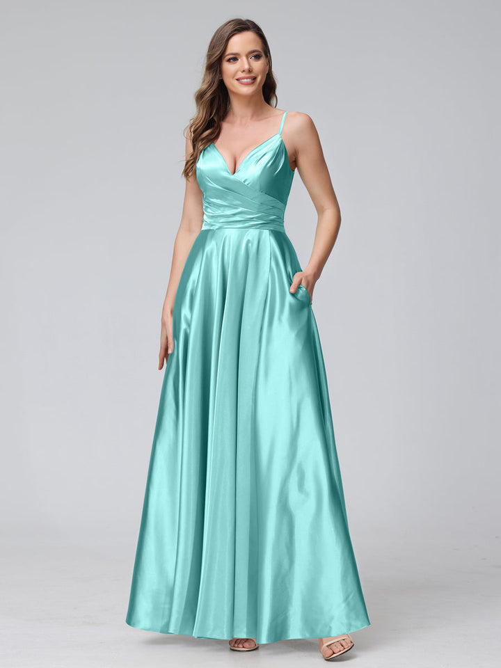 A-Line Sleeveless Long Silk Satin Bridesmaid Dresses with Pockets &amp; Split Side