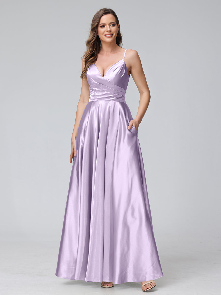 A-Line Sleeveless Long Silk Satin Bridesmaid Dresses with Pockets &amp; Split Side