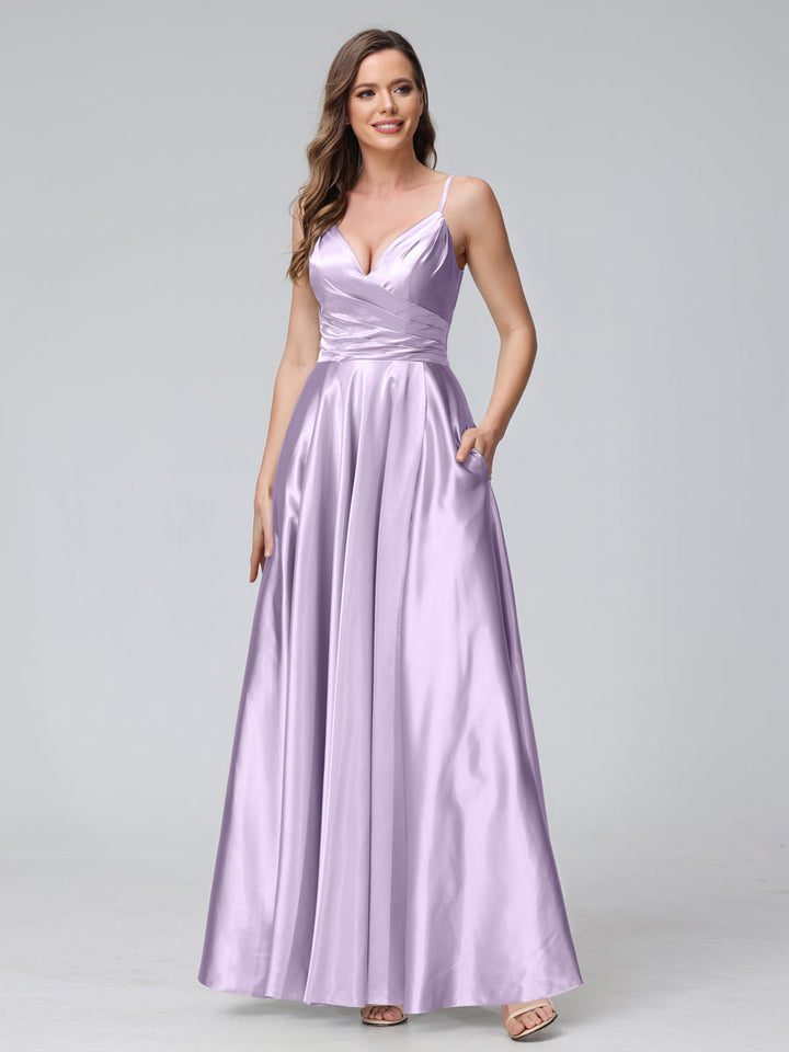 A-Line Sleeveless Long Silk Satin Bridesmaid Dresses with Pockets &amp; Split Side