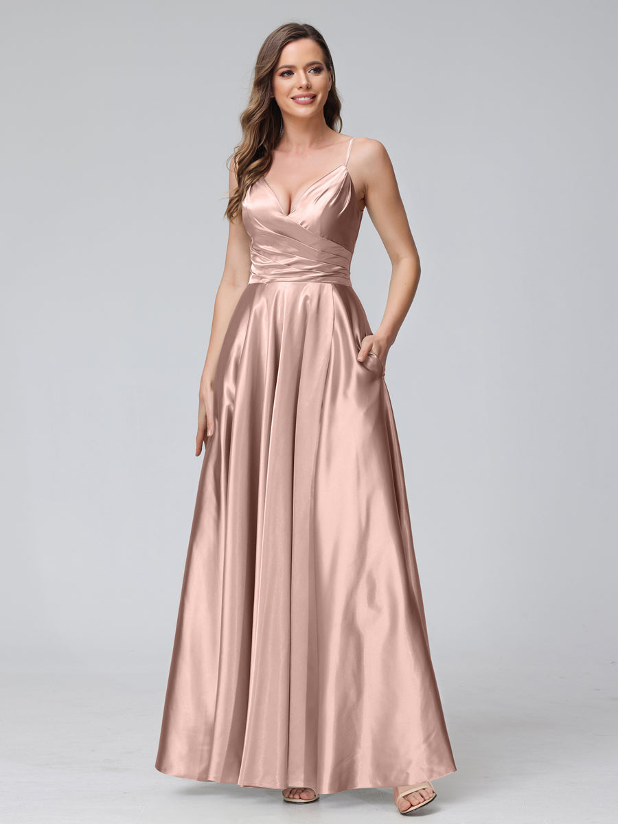 A-Line Sleeveless Long Silk Satin Bridesmaid Dresses with Pockets &amp; Split Side